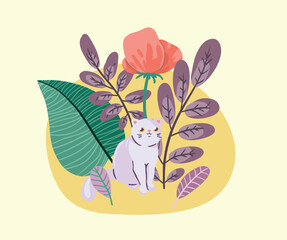 A small kitten walks among flowers and leaves. Hand drawn illustration with cartoon animal, cat, simple botanical composition. Vector graphics.