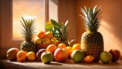  a pineapple, oranges, apples, and other fruit sit on a table in front of a window with the sun shining on the horizon behind it,.