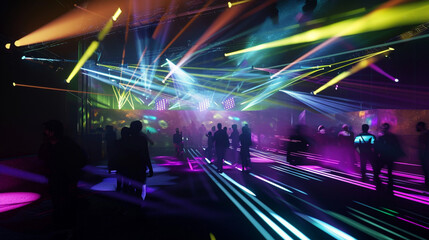 Obraz premium illuminated performance art exhibition area backgrounds. Invitation areas surrounded by colorful spotlights. empty art exhibition event. An invitation area next to the concert modern art exhibition