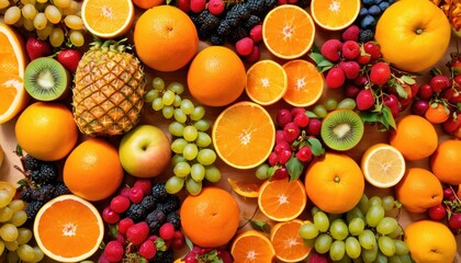  a table topped with lots of different types of fruit next to pineapples, oranges, grapes, strawberries, and pineapple on top of a table.