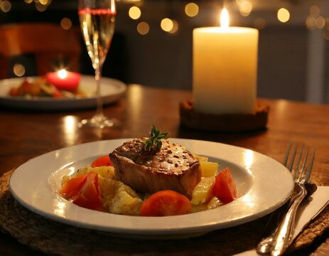 Plate of delicious food is placed on table, with lit candle in background. This image can be used to depict romantic dinner, cozy restaurant setting, or special occasion celebration