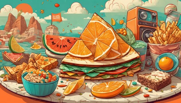  a painting of a plate of food with oranges, watermelon slices, and other food items on a table with a speaker and speakers in the background.