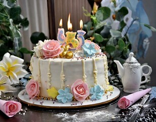 Obraz na płótnie Canvas Celebration birthday cake with lots of icing and decorations