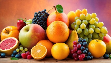  a pile of fruit including oranges, grapes, apples, pears, and grapefruits on a table with a purple background of oranges and blackberries.