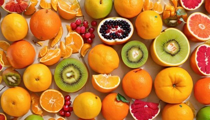  oranges, kiwis, and other fruits are arranged in a pattern on a white surface with red berries, oranges, kiwis, kiwis, and lemons.