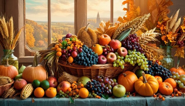  a painting of a basket of fruit and vegetables on a table with a view of autumn foliage and a window with autumn leaves and pumpkins in the foreground.