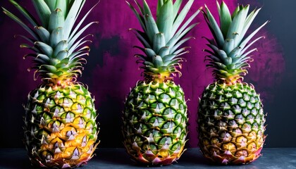  a group of three pineapples sitting next to each other on a purple and black surface with a purple wall behind them and a purple wall in the background.