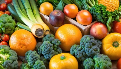  a pile of assorted fruits and vegetables sitting next to each other on a wooden table with oranges, broccoli, corn, and other fruits and vegetables.