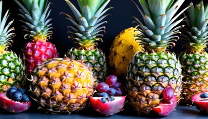  a group of pineapples sitting next to each other with blueberries in the middle of the pineapples and one of the pineapples in the middle of the pineapples.