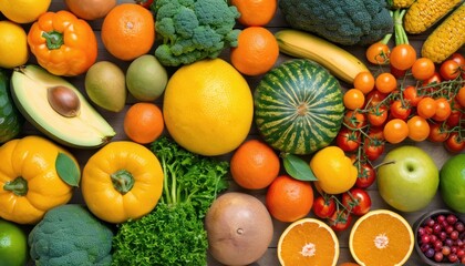  a variety of fruits and vegetables laid out on a wooden surface, including oranges, broccoli, apples, oranges, and other fruits and vegetables.