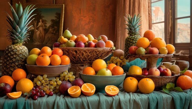  a table topped with bowls of fruit next to a painting of a pineapple, oranges, grapes, apples, and a pineapple on a table cloth.