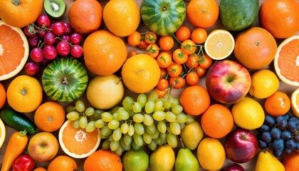  a bunch of different types of fruit are arranged in the shape of a circle on top of a white surface with oranges, grapes, lemons, apples, grapes, and watermelon.