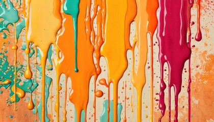  a group of multicolored drops of paint on a brown background with orange, yellow, pink, and blue streaks of paint on the bottom of the image.