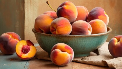  a bowl of peaches sitting on top of a table next to a bowl of peaches on top of a table next to a napkin and a bowl of peaches.