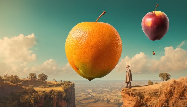  A Man Standing On Top Of A Cliff Next To An Orange And An Apple Hanging From The Side Of A Cliff With A Man Standing On Top Of A Cliff.