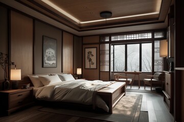 Chinese style bedroom interior in modern house.