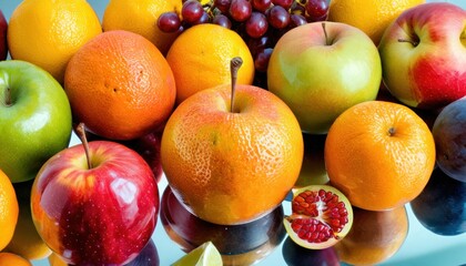  a pile of fruit including apples, oranges, pomegranates, grapes, and pears on a table with a blue background of other fruits.