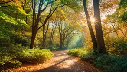  the sun shines through the trees on a path in a wooded area with leaves on the ground and on the ground, and on the ground, there is a dirt path that is a.