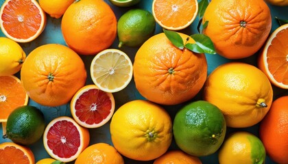 a group of oranges, limes, and grapefruits on a blue surface with one cut in half and two whole grapefruits in the middle.