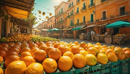  a fruit stand with oranges and lemons for sale in front of a row of buildings with green awnings on the side of the street in a city. - obrazy, fototapety, plakaty