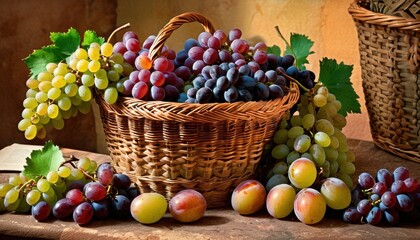  a wicker basket filled with grapes next to a bunch of plums and a bunch of grapes on a table next to a wicker basket with green leaves.