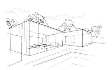 Drawing exterior and interior architectural lines. , Graphic assembly in architecture and interior design work. ,Sketch ideas for interior or exterior designs.