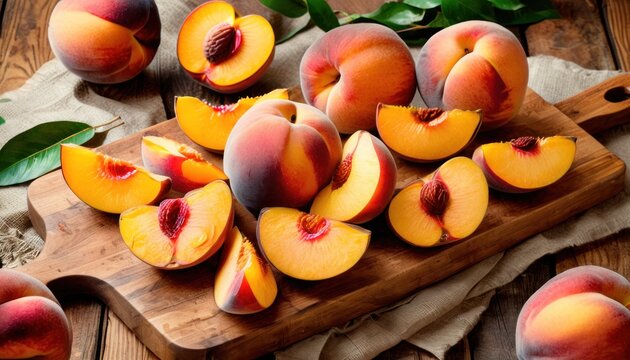  a cutting board topped with sliced peaches on top of a wooden table next to leaves and a cutting board with sliced peaches on top of a wooden table.