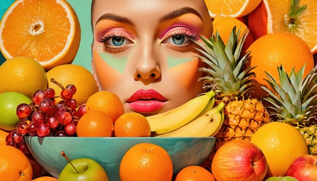  a woman's face surrounded by fruit and a bowl of oranges, apples, pineapples, and a pineapple in the center of the image is a woman's face.