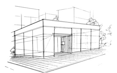 Line drawing of a shopping mall. , Graphic assembly in architecture and interior design work. ,Sketch ideas for interior or exterior designs.