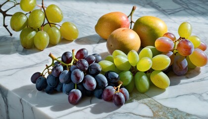  a marble table topped with a bunch of grapes next to a bunch of oranges and a bunch of grapes next to a bunch of grapes on a marble table.
