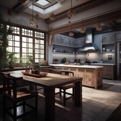 Kitchen interior in modern house in Chinese style.