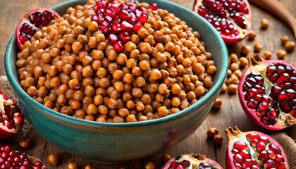  a bowl filled with chickpeas and pomegranates on top of a wooden table next to a bunch of pomegranates on the table.