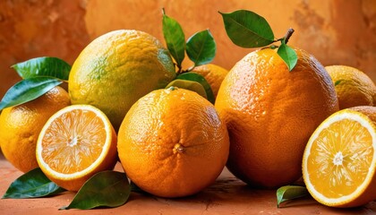  a pile of oranges sitting on top of a table next to a pile of oranges with green leaves on top of the top of the whole oranges.