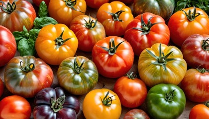  a bunch of different types of tomatoes on a table with a green leafy plant in the middle of the picture and a red one in the middle of the picture. - obrazy, fototapety, plakaty