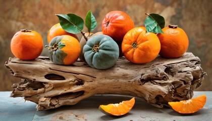  a group of oranges sitting on top of a piece of driftwood next to a bunch of green and oranges on top of a piece of driftwood.