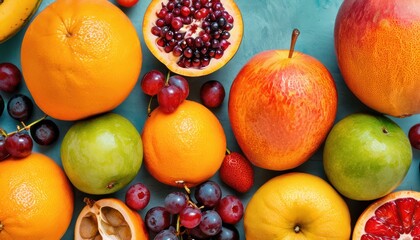  a variety of fruits including oranges, apples, grapes, and pomegranates are arranged on a blue surface, top view from above, there is a whole pome.