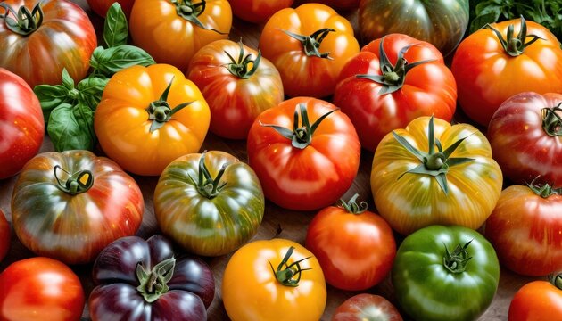  a bunch of different types of tomatoes on a table with a green leafy plant in the middle of the picture and a red one in the middle of the picture.