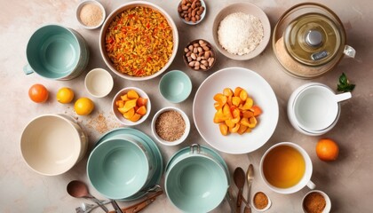  a table topped with bowls of food next to bowls of oranges and other foodstuffs on top of a table next to utensils and utensils.