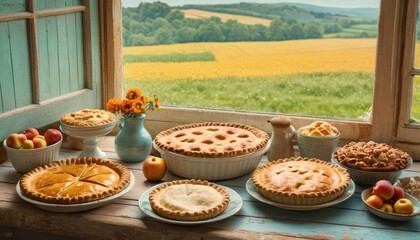  a table topped with pies and pie pans on top of a wooden table next to a window with an open pane of the view of a field.