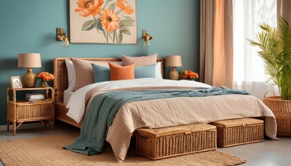  a bed room with a neatly made bed and wicker baskets on the side of the bed and a potted plant on the side of a window sill.