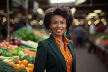 Portrait of a content afro-american woman in her 50s wearing a professional suit jacket against a...