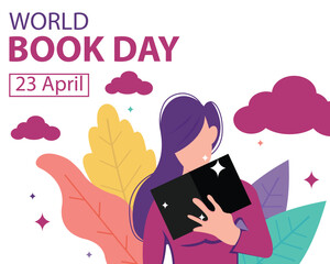 illustration vector graphic of a woman is holding a book with one hand, perfect for international day, world book day, celebrate, greeting card, etc.