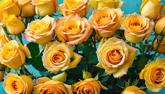  a bunch of yellow roses are in a vase on a blue background with a blue wall in the background and a blue wall in the middle of the picture is a bunch of yellow roses.