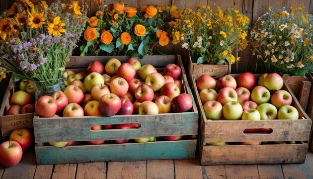  A Wooden Crate Filled With Lots Of Apples Next To A Bunch Of Wildflowers And A Vase Filled With Orange And Yellow Flowers On Top Of A Wooden Floor.