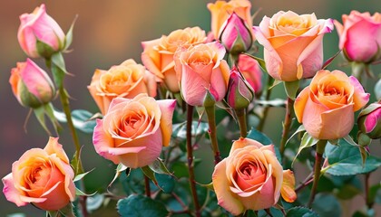  a close up of a bunch of pink and orange roses with green leaves in the foreground and a blurry background of pink and orange roses in the background.