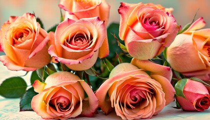  a bouquet of peach colored roses sitting on top of a white table cloth with green leaves on the end of the stems and the top of the flowers in the middle of the bouquet.