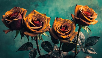  a group of three yellow roses sitting on top of a green and blue tablecloth covered table top next to a vase filled with red and yellow and white roses.