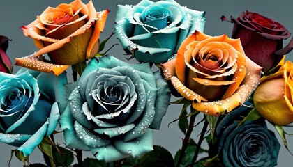  a bouquet of multicolored roses with water droplets on them, on a gray background, with water droplets on the petals, and on top of the stems.