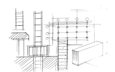 Drawing exterior and interior architectural lines. , Graphic assembly in architecture and interior design work. ,Sketch ideas for interior or exterior designs.