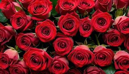  a close up of a bunch of red roses with green leaves on the top and bottom of the roses on the bottom of the stems and bottom of the stems.